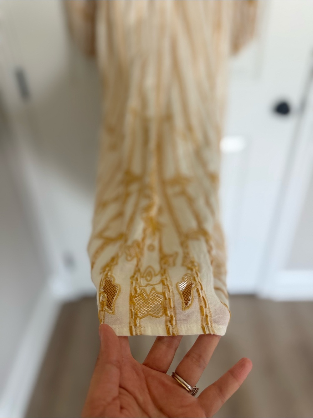 Anthropologie Embroidered Sweetheart Maxi Dress Ivory Gold Boho Balloon Sleeve S - Picture 9 of 14